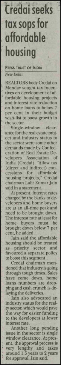 Credai seeks tax sops for affordable housing