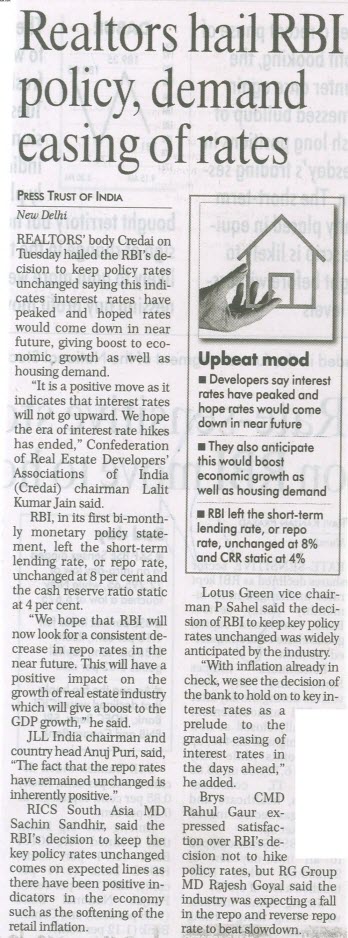 Realtors hail RBI policy, demand easing of rates