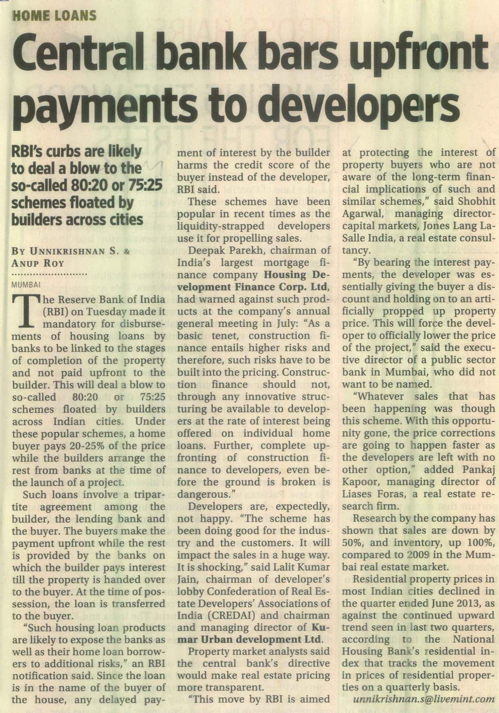 Central bank bars upfront payments to developers<
