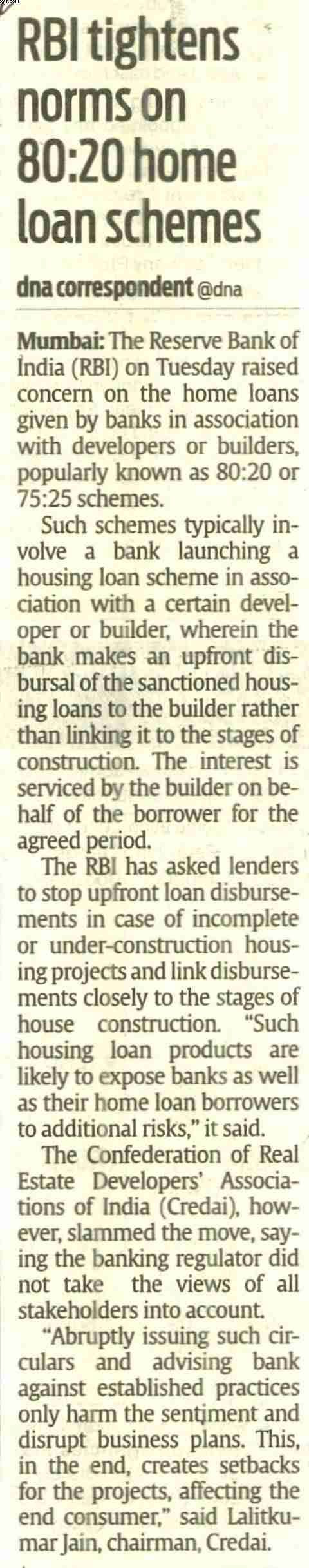 RBI tightens norms on 80:20 home loan schemes