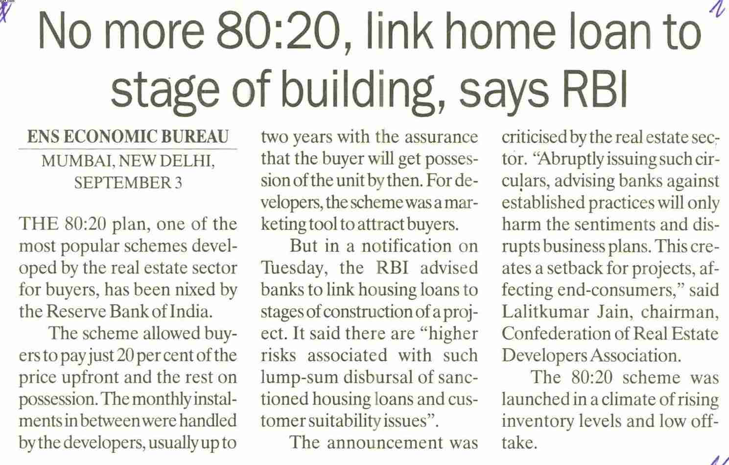 No more 80:20, link hoke loan to stage of building, says RBI