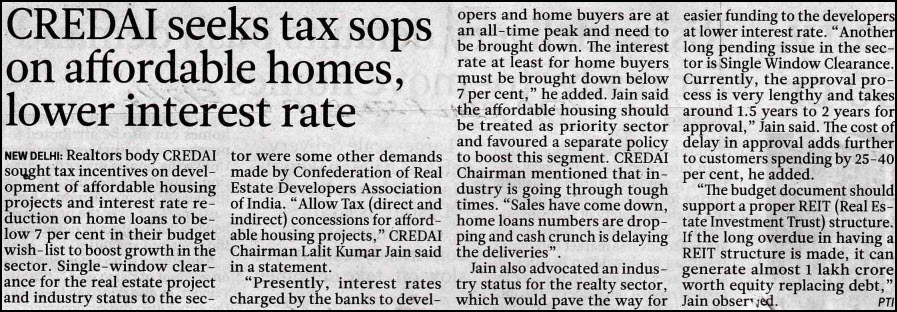 CREDAI seeks tax sops on affordable homes, lower interest rate