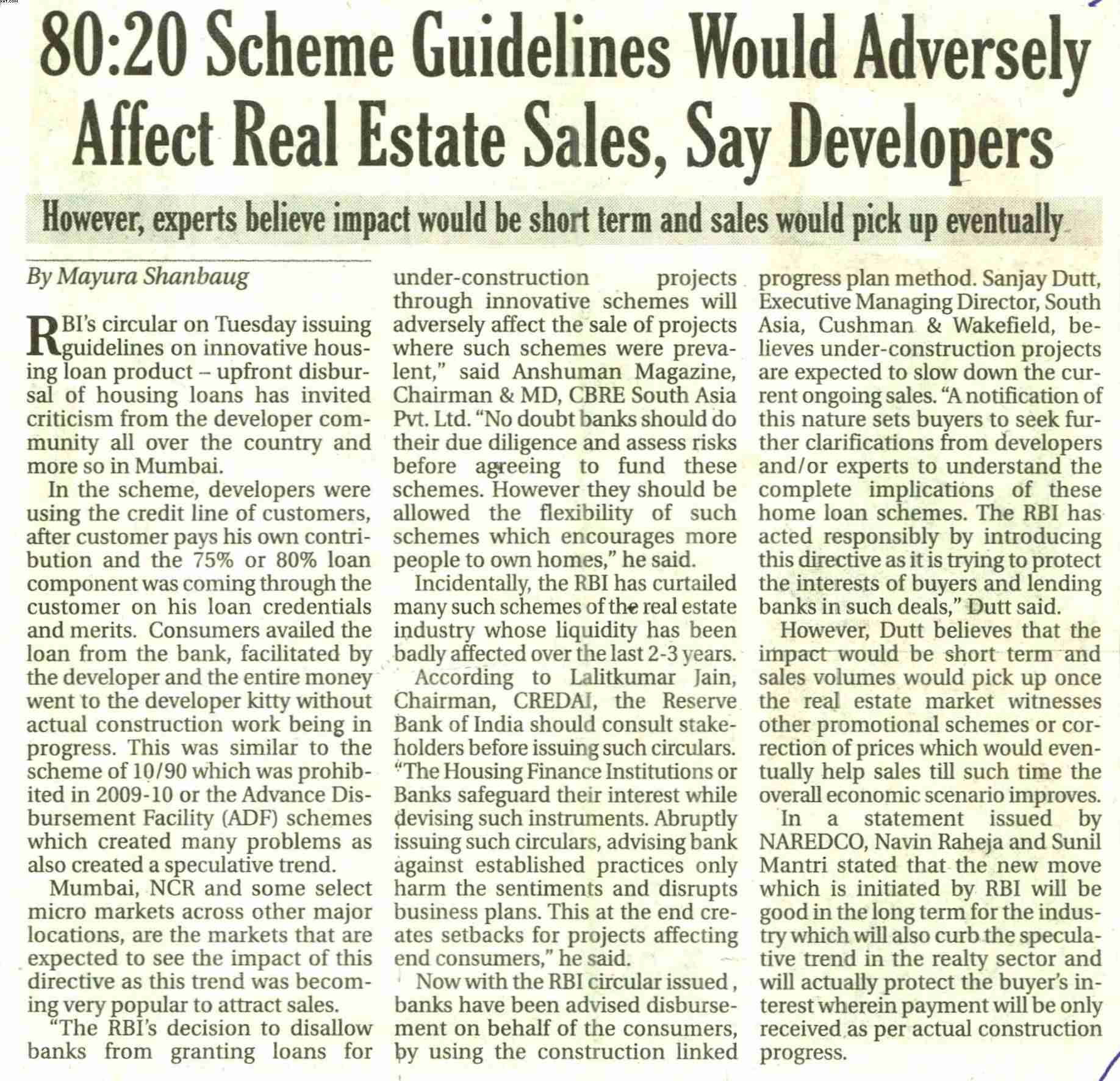 80:20 scheme guidelines would adversely affect real estate sales, say developers