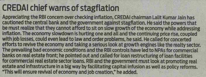 CREDAI chief warns of stagflation