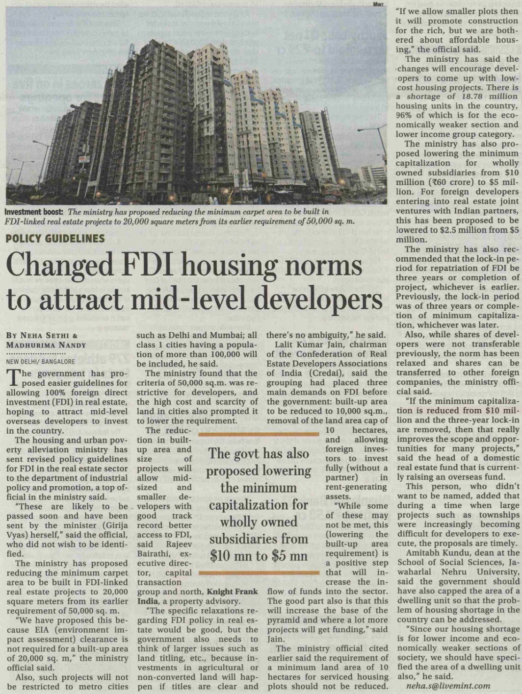 Changed FDI housing norms to attract mid-level developers