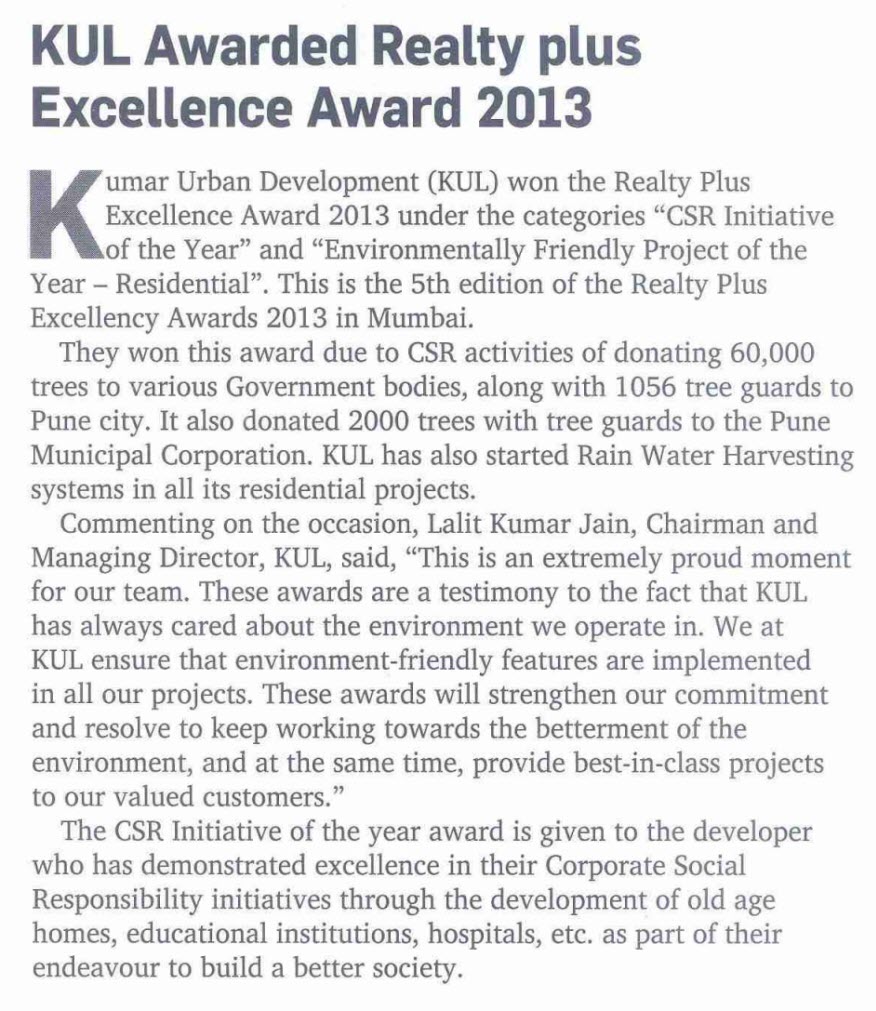 KUL Awarded Realty plus Excellence Award 2013