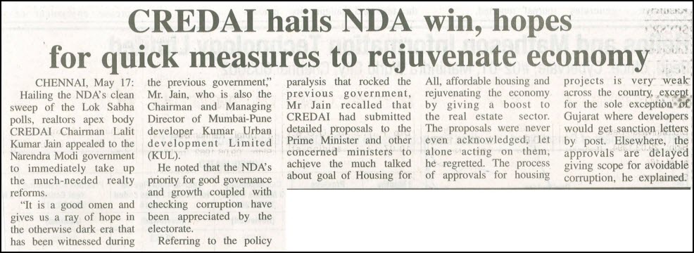 CREDAI hails NDA win, hopes for quick measures to rejuvenate economy