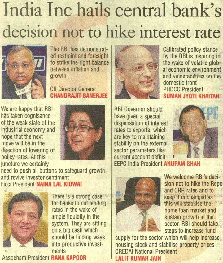 India Inc hails central bank's decision not to hike interest rate