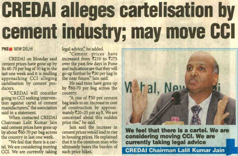 CREDAI alleges cartelisation by cement industry; may move CCI