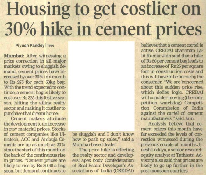 Housing to get costlier on 30% hike in cement prices