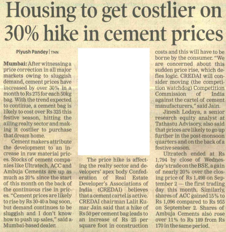 Housing to get costlier on 30% hike in cement prices