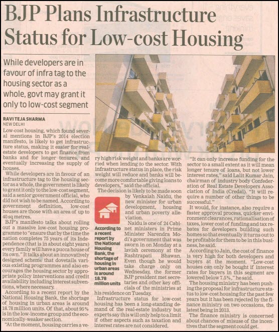BJP Plans Infrastructure Status for Low-cost Housing