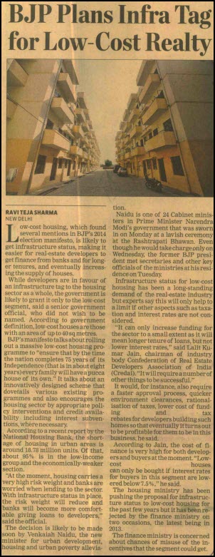 BJP plans Infra tag for low cost Realty