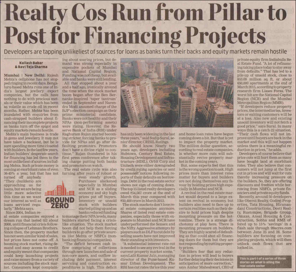 Realty cos run from pillar to post for financing projects